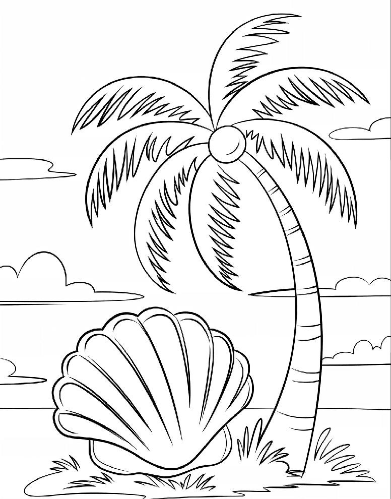 ระบายสี ต้นมะพร้าวกับหอยใหญ่