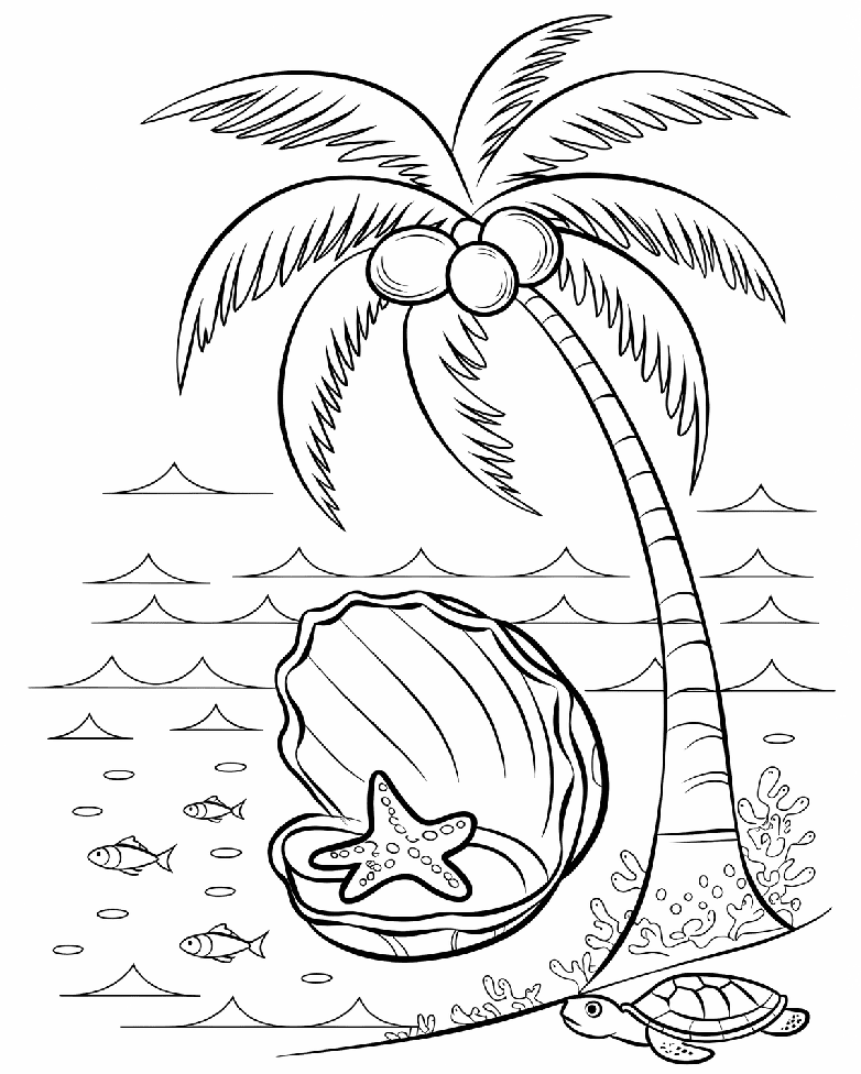 ระบายสี ต้นมะพร้าวและเปลือกหอยทะเล
