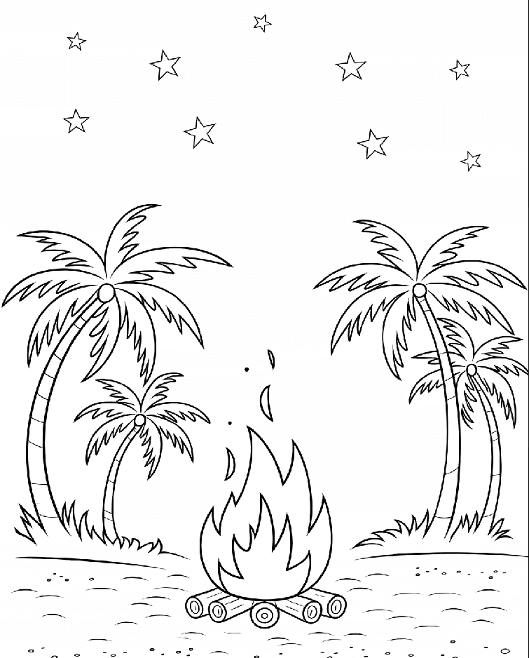 ระบายสี ต้นปาล์มและกองไฟ