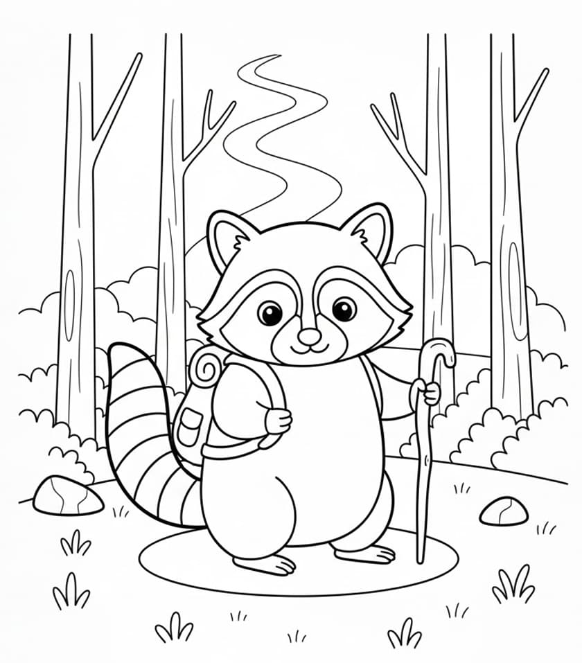 ระบายสี แรคคูนเดินเล่นในป่า