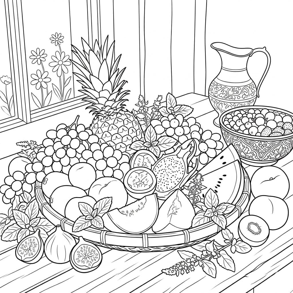 ระบายสี โต๊ะผลไม้หลากหลาย