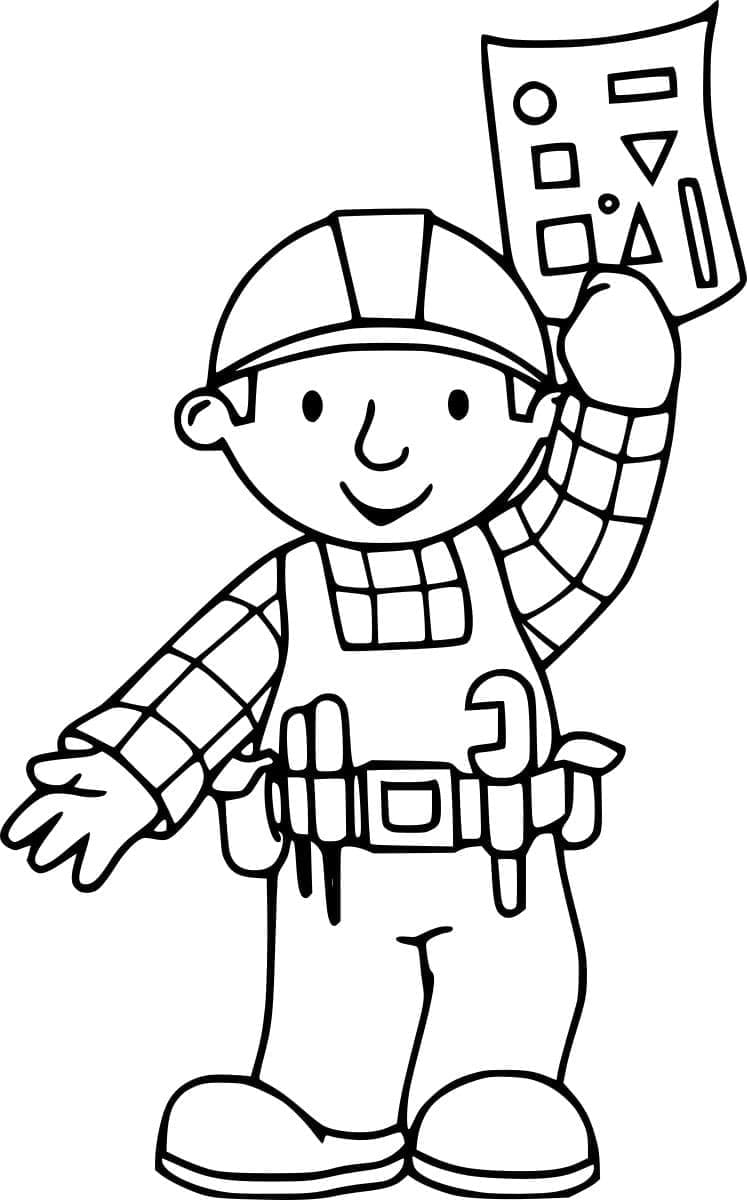 ระบายสี บ็อบกำลังถือแบบแปลนอยู่ในมือ