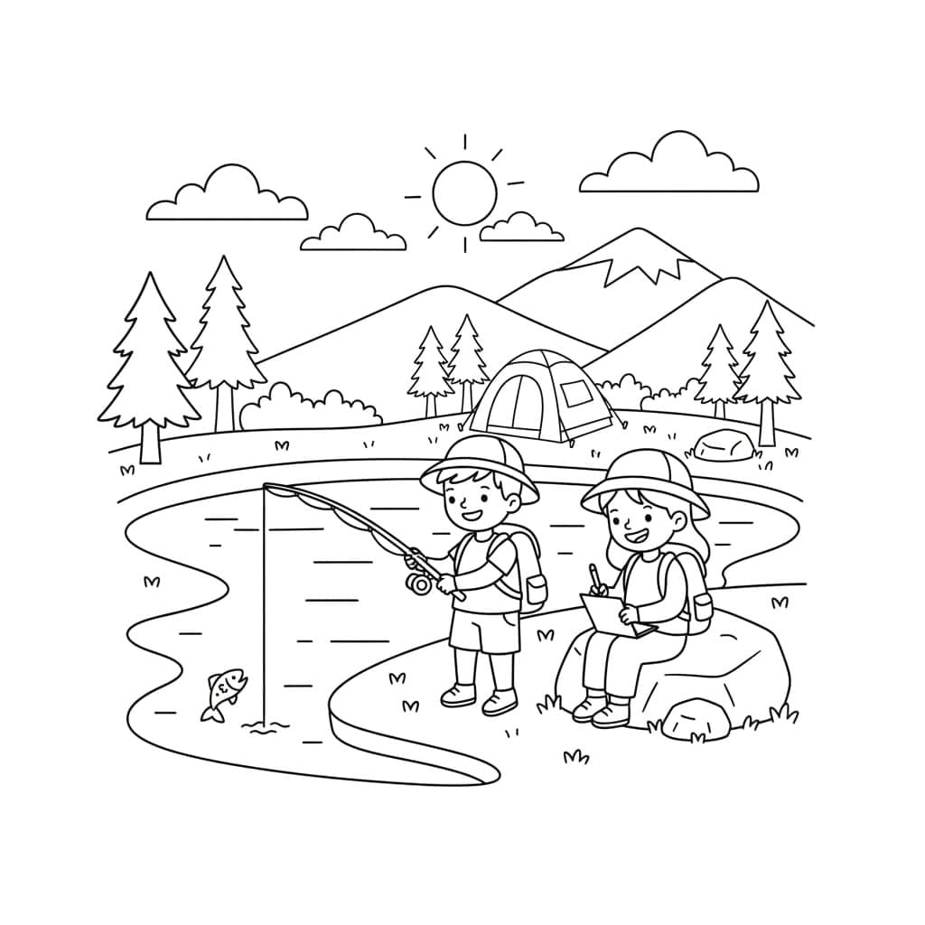 ระบายสี การตั้งแคมป์ริมแม่น้ำ