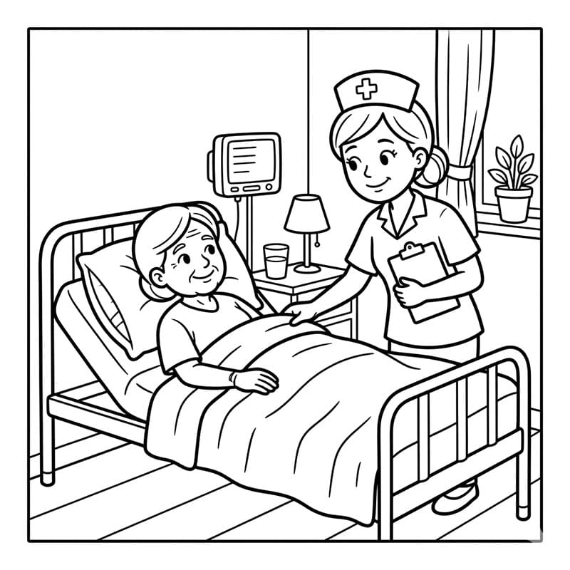 ระบายสี พยาบาลดูแลผู้ป่วยบนเตียง