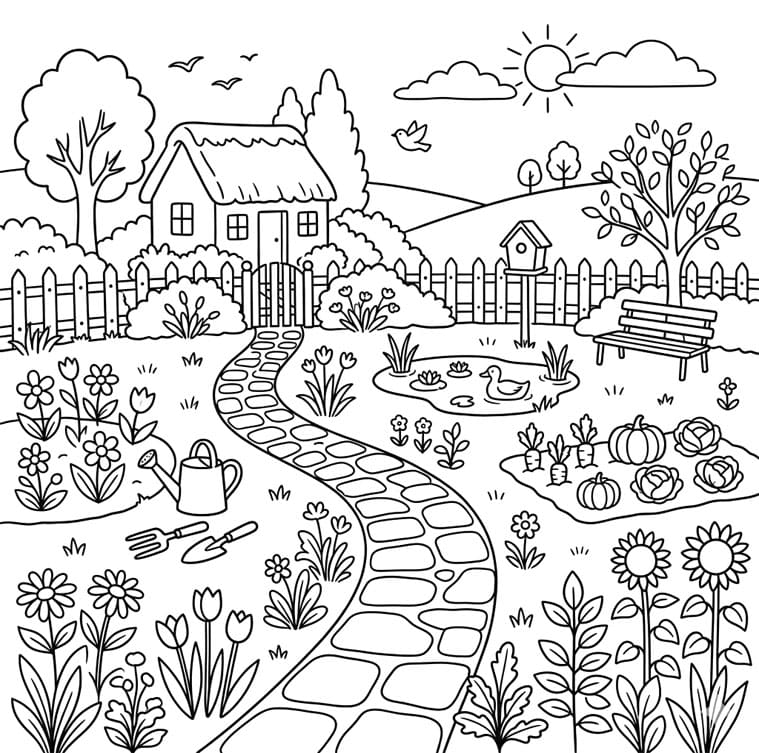 ระบายสี สวนชนบทกับวิวภูเขา