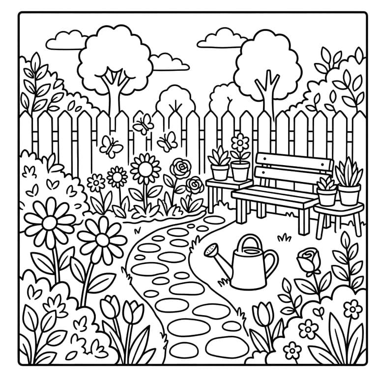 ระบายสี สวนดอกไม้กับม้านั่งไม้