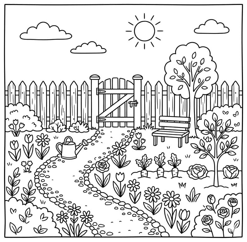 ระบายสี สวนไม้ดอกริมรั้วไม้