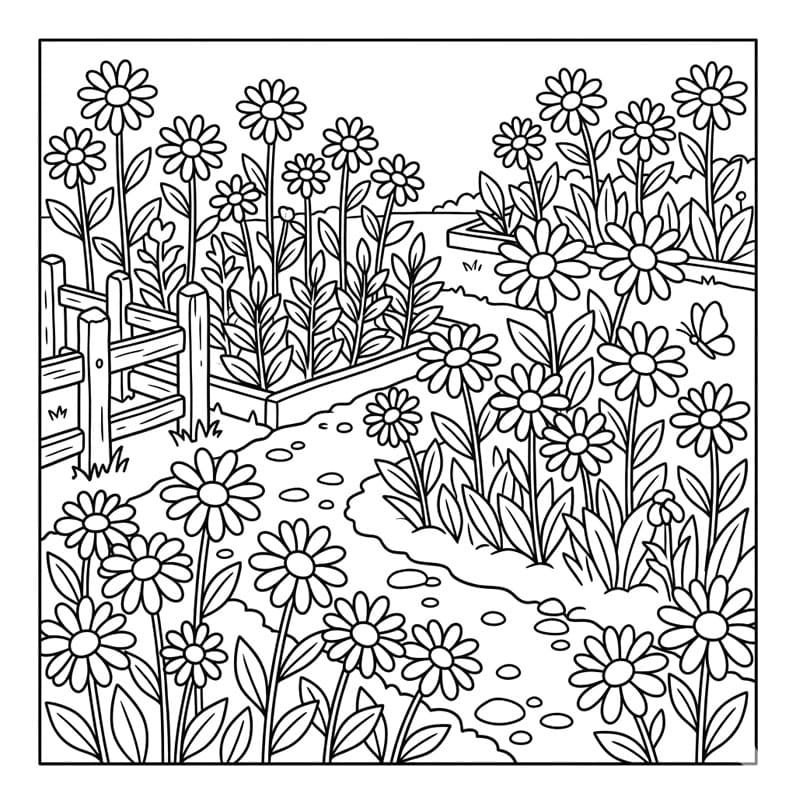 ระบายสี ทุ่งดอกไม้ริมรั้วสวน