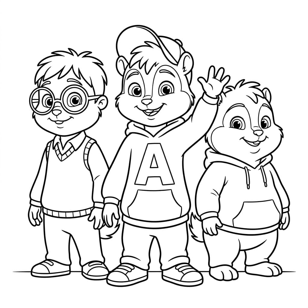 ระบายสี แอลวินกับเดอะแชิพมังก์ยืนรวมกลุ่ม