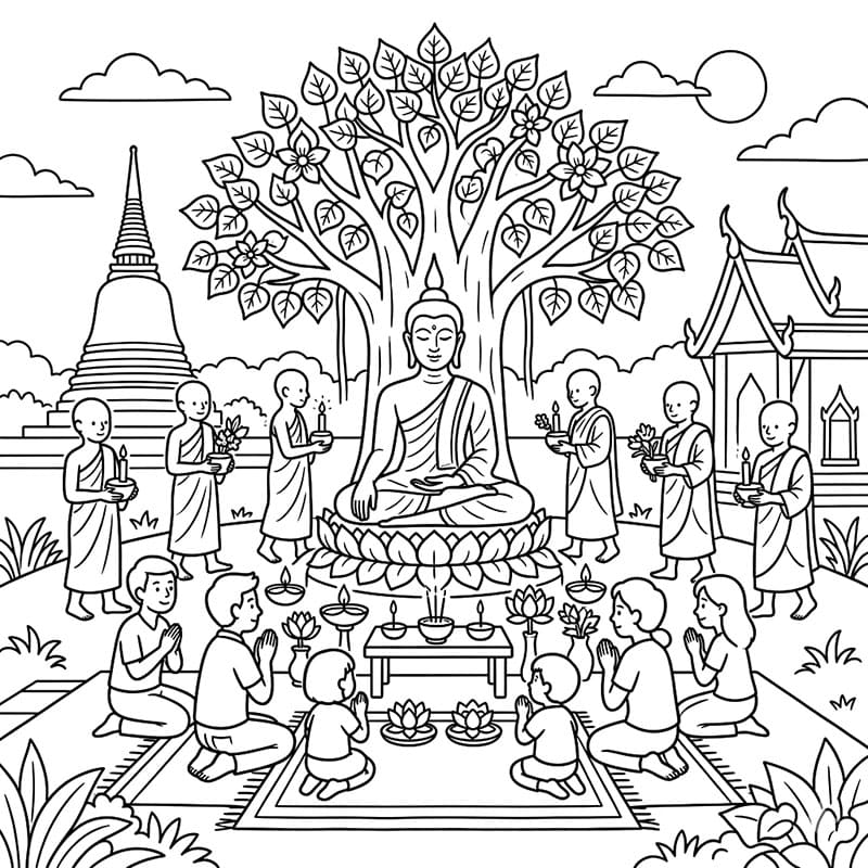 ระบายสี วันวิสาขบูชาบูชาพระใต้ต้นโพธิ์