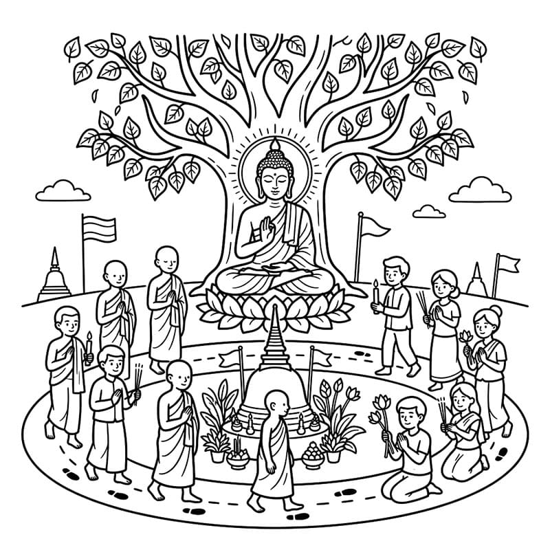 ระบายสี วันวิสาขบูชาพระพุทธใต้ต้นไม้ใหญ่