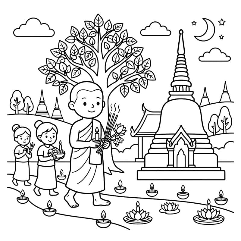 ระบายสี วันวิสาขบูชาถือดอกบัว