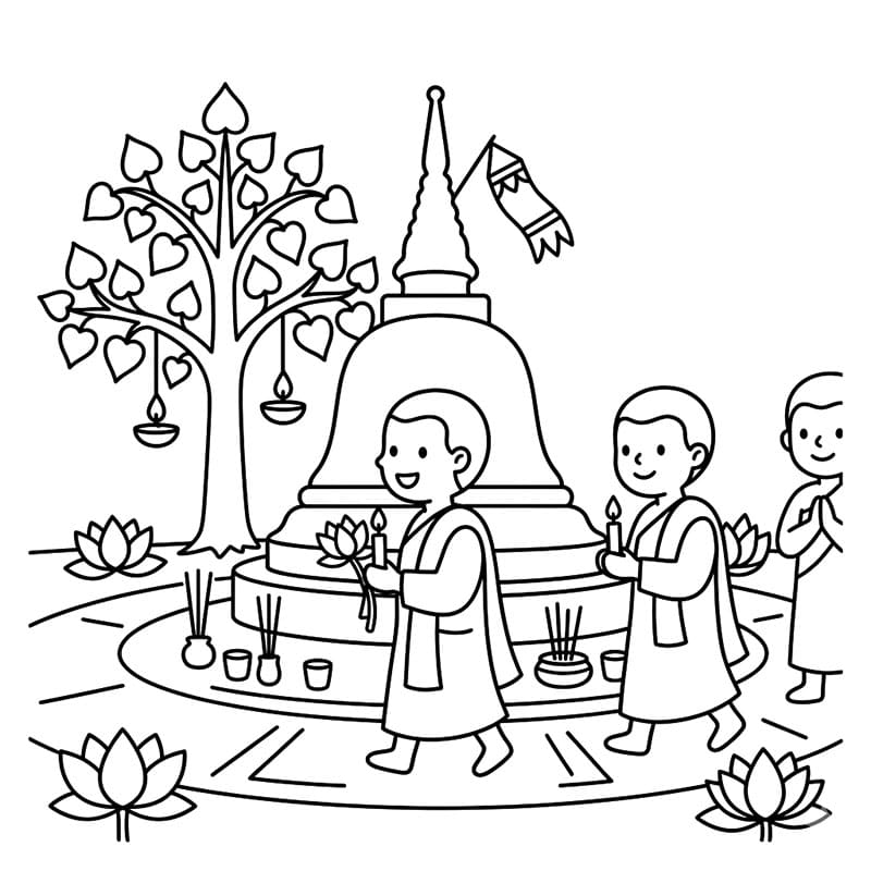 ระบายสี วันวิสาขบูชาถือเทียนทำบุญ