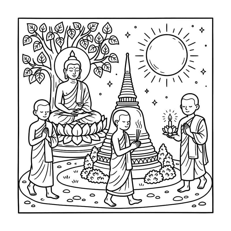 ระบายสี วันวิสาขบูชาถวายดอกไม้