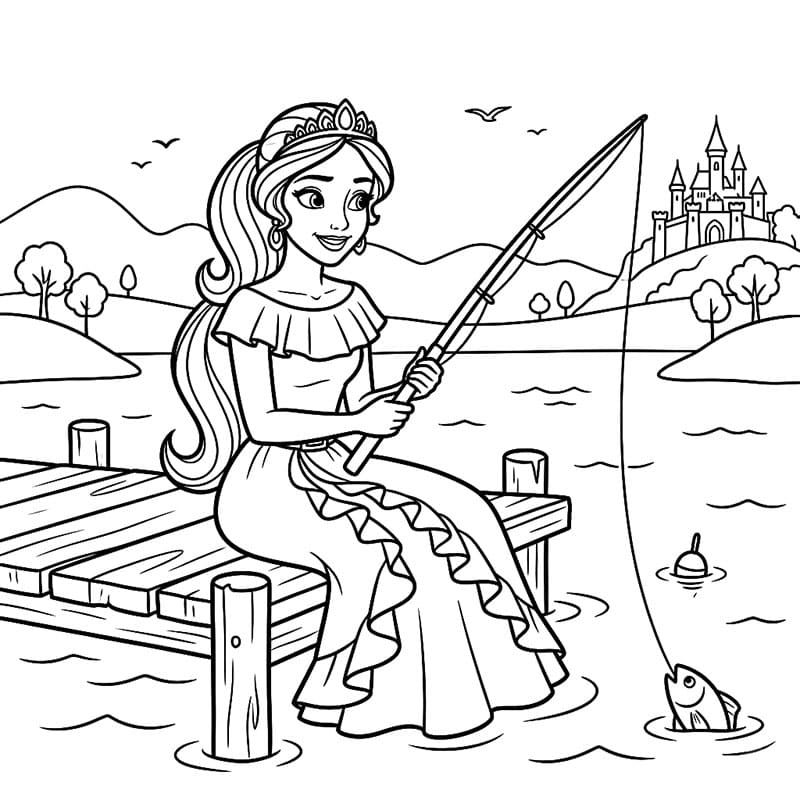 ระบายสี เอเลน่าตกปลาที่ท่าเรือ