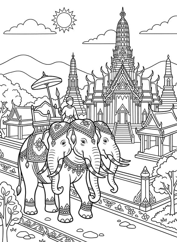 ระบายสี ช้างเอราวัณ และวัดไทย